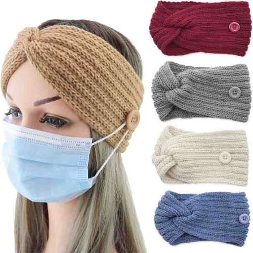 Woolen Twist Knitting Women Cross Headband Warmer Ear Button Elastic Hairbands Headwrap Bandage Hair Accessories Autumn Winter