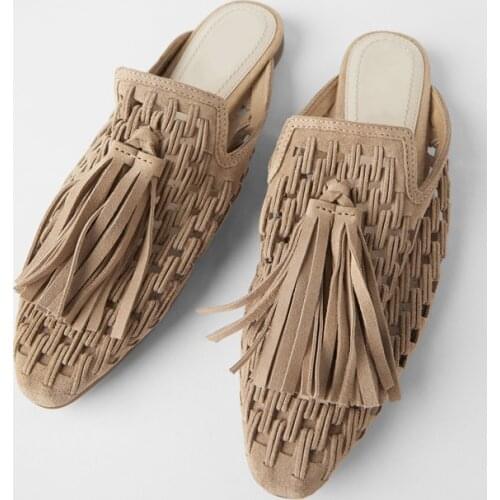 Flats Slippers 2021 Summer Shoes Woman Genuine Leather Tassel Square Toe Flat Lazy Muller Shoe Sandals Casual Slides Flip Flops