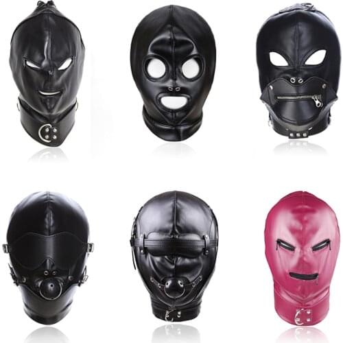 Sm Sex Black Pu Leather Head Bondage Hood Mask Open Eye Mouth With Zipper Erotic Couple Flirting Toys Adjustable mask Cosplay