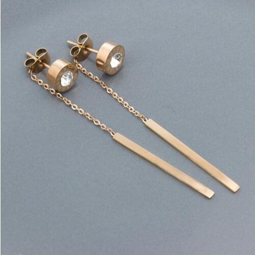 Super Low Price Dainty Long Bar Chain Piercing Earrings Crystal Round Stainless Steel Drop Earrings For Women Fashion Jewelry