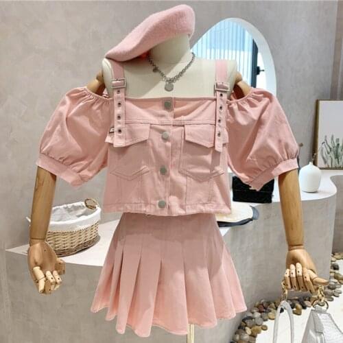 Vetement Femme 2021 New Summer Japanese Sweet 2 Piece Set Women Crop Top Short Shirt + Pleated Skirt Sets Casual Two Piece Suits