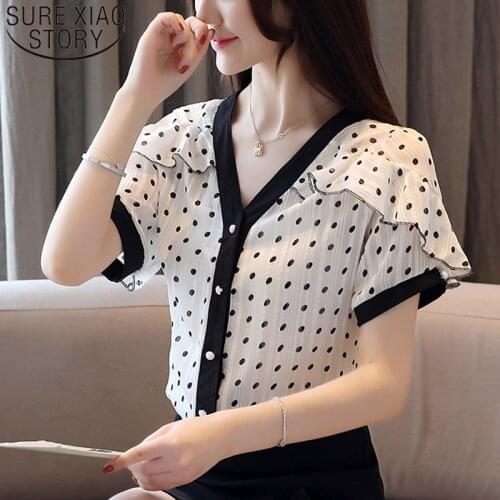 2021 Summer New Korean Loose Slim Fit Elegant Ruffle Tops Women Short-Sleeve V-neck Polka Dot Chiffon Blouse Women Blusa 8978 50