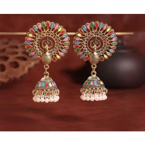 2021 Vintage Dripping Oil Peacock Carved Indian Jhumka Earrings Womens Boho Ethnic Pearl Bells Earring Jewelry