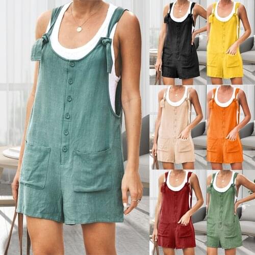 Womens Summer Casual Sleeveless Rompers Loose Wide Leg Solid Color Jumpsuit Pocket Bib Short Pants Suspenders Playsuit Overalls