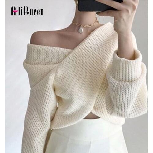 2020 Autumn Women Loose Lantern Sleeve Knitted Sexy V Neck Criss-Cross Crop Top Pullover Korean Winter Woman Vintage Sweaters