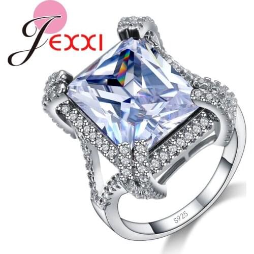 Big Square Crystal Wedding Rings 925 Sterling Silver Jewelry Ring for Women &Girls Birthday Gifts