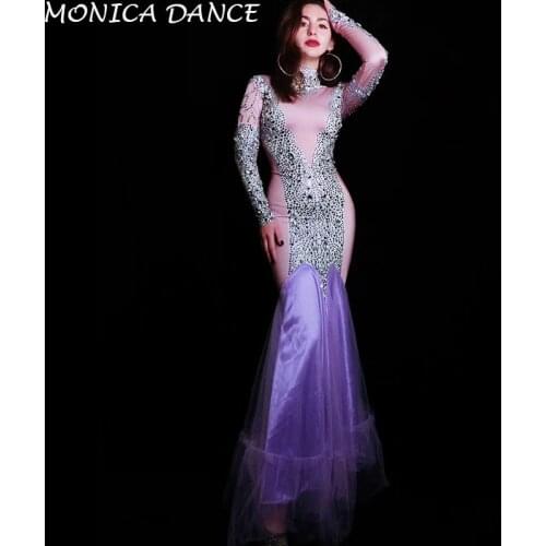 Women Sexy Stage Flashing Rhinestones Purple Dress Women Birthday Celebrate Outfit Singer Dancer Dress Evening Long Dress