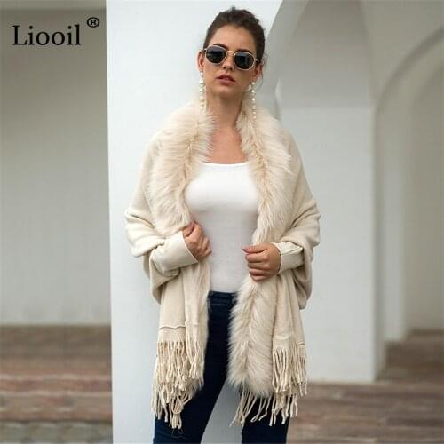 Winter Knitted Sweater Cloak Cardigan Tassel Fur Collar Batwing Sleeve Baggy Sweater Shawl Capes Ponchos Women Autumn Coats 2021