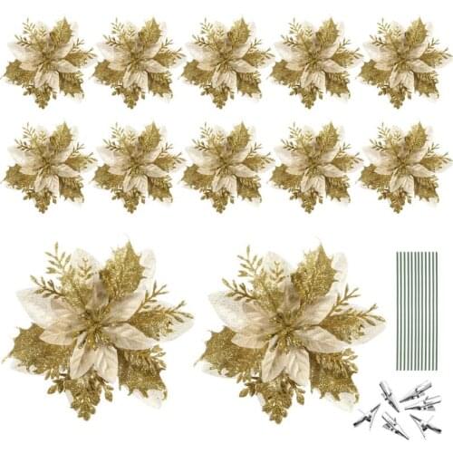 12pcs Christmas Glitter Artificial Poinsettia Flowers Christmas Tree Flowers Ornaments Party Decoration with Stems and Clips
