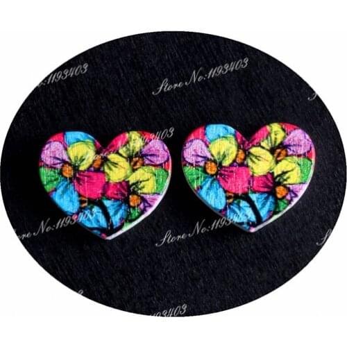 16mm Flower Heart Shape Image Painted Wooded Laser Cut Cabochon to make Rings, Earrings, Bobby pin, pendant