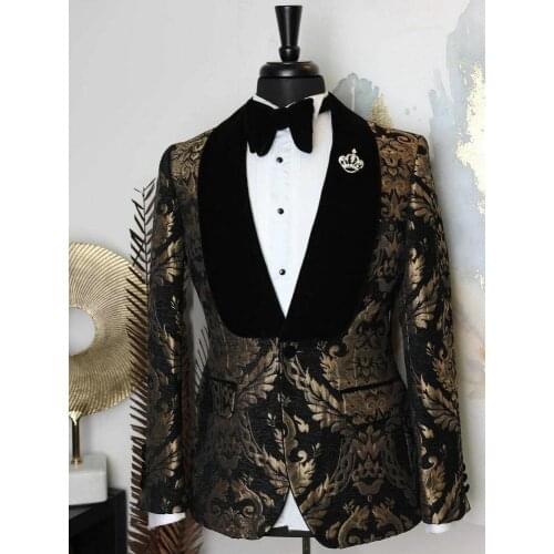 2021 Elegant Black Gold Floral Men Suits With Pants Groom Suit Smoking Tuxedo Jacket Wedding Suits For Men Best Man Blazer
