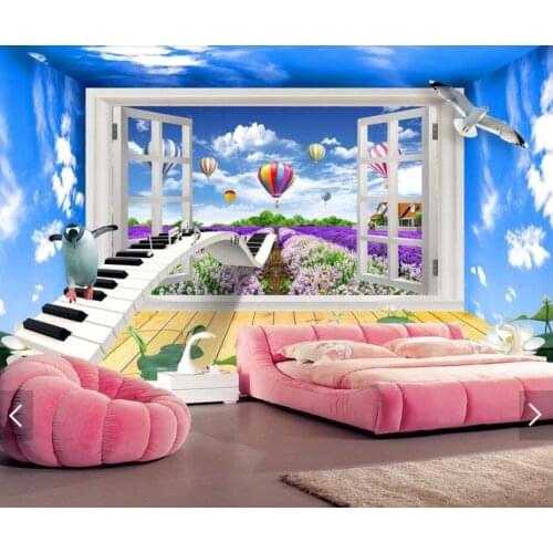 3D Stereo Window Lavender Wall Mural Blue Sky Hot Air Balloon Photo Wallpaper for Living Room Wall Paper Rolls Contact Paper