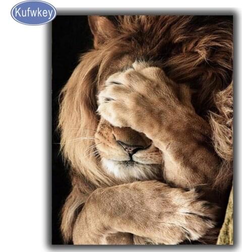 Kufwkey lion diamond painting,Cross Stitch,Shy Lion,Diamond mosaic picture of Rhinestone Full square Diamond Embroidery animal