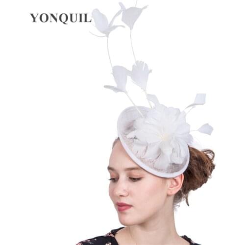 White Sinamay Feather Flower Pillbox Hats Party Hair Fascinator Hat Hair Clip Hair Accessories Wedding Cocktail Church SYF219