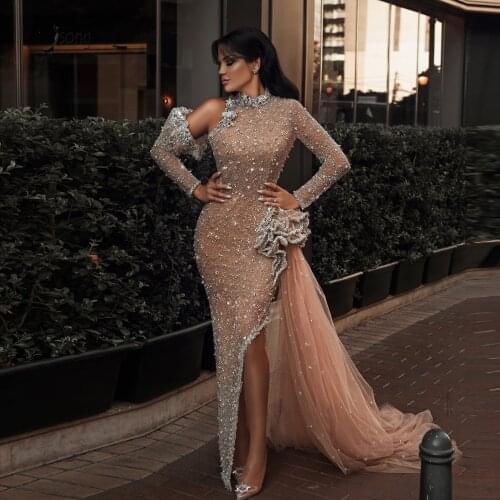Sparkle Champagne Beaded Mermaid Prom Dresses Full Sleeves Crystal Flower Long Formal Dress To Engagement Split Prom Gowns