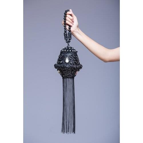 DOYUTIG India Style Womens Hand-Made Rhinestone Beads Clutches Lady Vintage Weave Long Tassels Evening Bags For Wedding F702