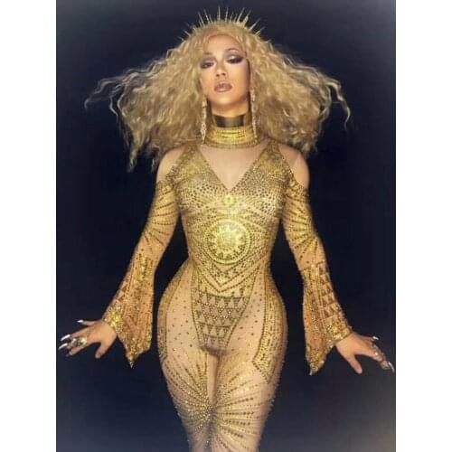Ds Dj Fashion Gold Rhinestones Nude Jumpsuit Sexy Nice Bodysuis Full Crystals Stage Wear Costume Prom Birthday Celebrate Outfit