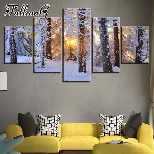 FULLCANG 5 Piece Winter woods diamond painting rhinestone full square/round drill mosaic embroidery snow landscape decor FC2024