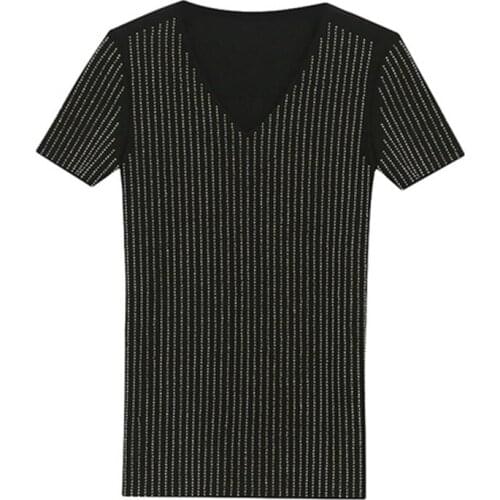 Diamonds T Shirt Women Fashion 2020 V-Neck Summer Tops Korean Woman Clothes T-Shirt Female Tshirt Short Sleeve Tee Shirt Femme