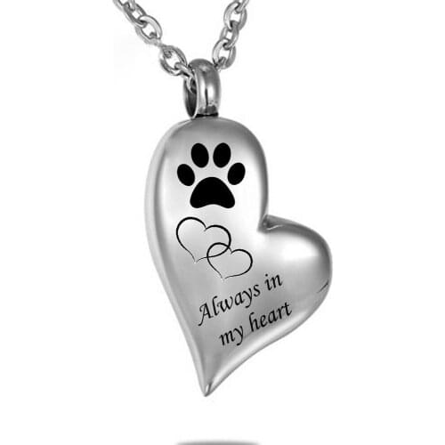 Custom Heart Paw Print" Always In My Heart "Cremation Jewelry Keepsake Memorial Urn Necklace for Ashes