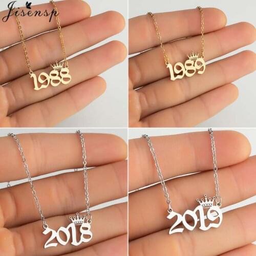Jisensp Unique Design Birthday Crown Year 1980-2019 Pendant Necklace Stainless Steel Year Number Necklaces for Women Best Gift