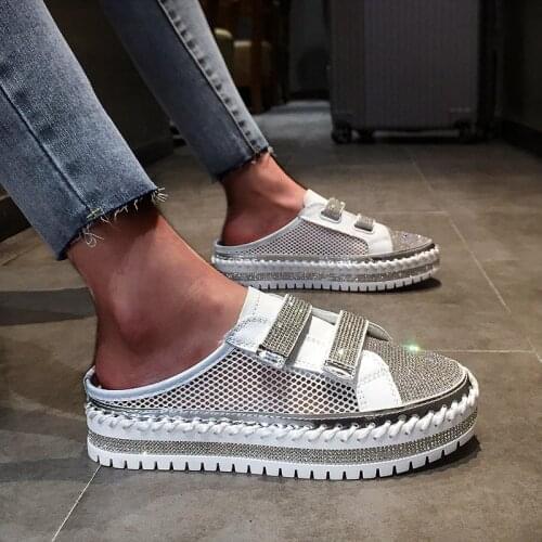 LazySeal 2021 Summer Cool Air Mesh Loafers Shoes Women Diamonds Luxury Crystals Hook & Look Platform Casual Flats Sneakers Mujer