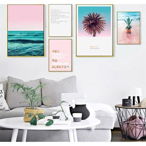 Hot-selling beach landscape paintings Nordic ins wind pink pineapple palm tree bedroom living room canvas painting Free shipping