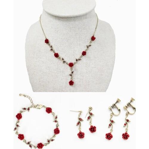 Fashion Rose Necklace Bracelet And Three-Piece Earring Set Ear Clip Ear Studs Lovers Valentines Day Gift For Wife Girlfriend