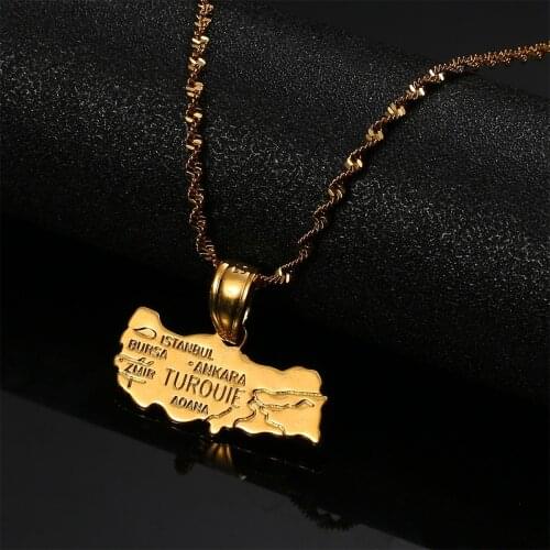 Fashion Turkey TUROUIE Map Pendant Necklace Gold Color Turkiye Cumhuriyeti Map Chain Jewelry