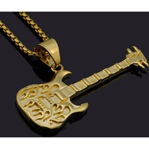 Dolaime Men Trendy Gold color Rocking Bass Pendant Stainless Steel Necklace Fashion Street Jewelry Guitar Pendants GP326