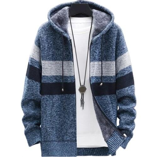 Autumn Winter Men Long Sleeve Knitted Hooded Cardigan Zip Plush Color Block Coat