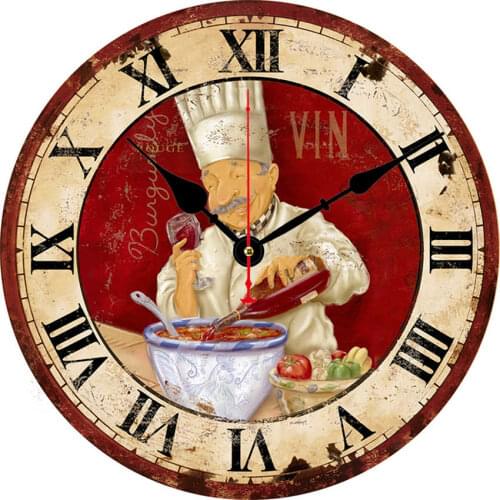 Kitchen Rustic Cooker Figure Wall Clocks Shabby Retro Italian FoodHome Room Decor Non-Ticking Silent Quiet Cook Kitchen Clocks