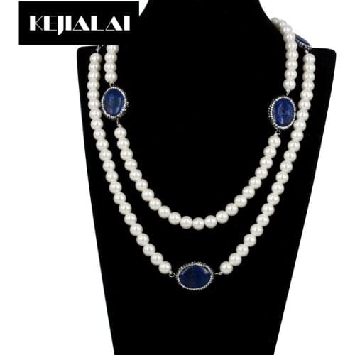 Dankaishi Bohemian Style Jewelry Pearl Beads Chain Necklace Long Tassel Pendant Necklace Nature Stone Pave Crystal for Women Gir
