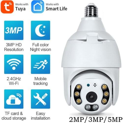 2MP Tuya WIFI Camera Bulb Lamp PTZ Outdoor 360° Rotate Panoramic Camera Night Vision Auto Tracking Home Security Protection