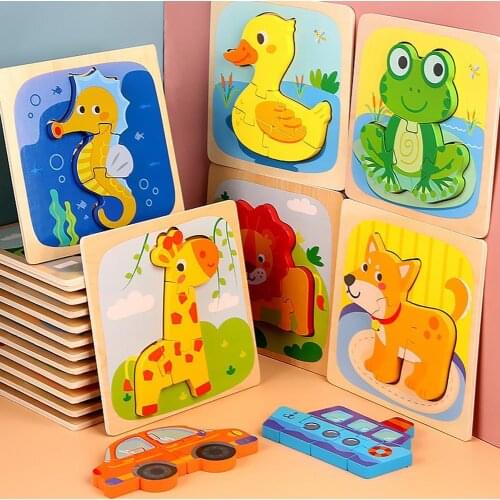 Cartoon Frog Train Animal 3D Wooden Jigsaw Puzzles Board Education Kids Toy