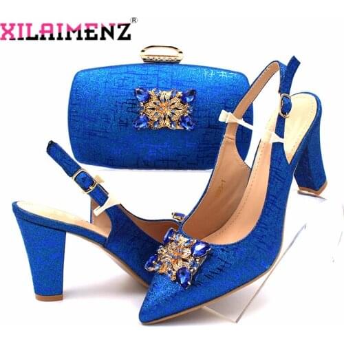 Royal Blue Color Big Crystal African Lady Sandals with Matching Bags Italian Women Pointed Toe Shoes and Bag To Match for Party