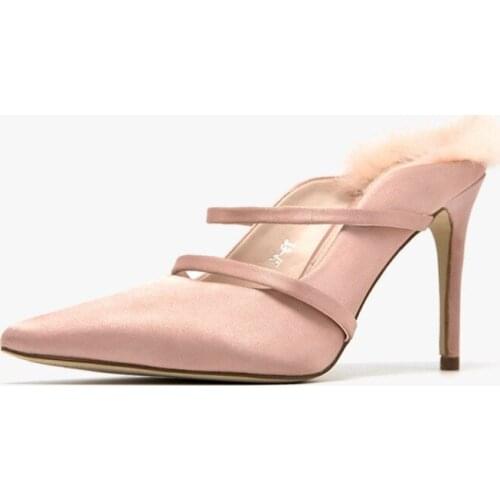 Luxury silk pointed toe solid mink fur mules slippers shallow thin high heel 2-ways sandals trendy slingback summer women slides