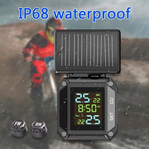 Motorcycle TPMS Tire Pressure Monitoring System Solar Powered Waterproof LCD Motorbike Alarm System with 2 External Sensors
