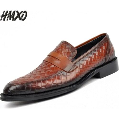 HMXO Weaving Retro Men Leather Shoes Plaid Pattern Large Size Shoes One-foot Business Casual Footwear Men Leather Casual Shoes
