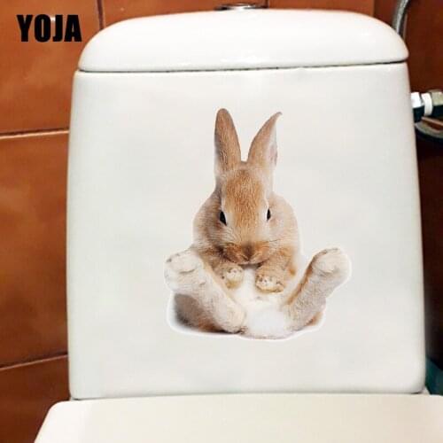 YOJA 17.7×22.1CM Cute Playful Bunny Funny Toilet Stickers Animal Decor Home Room Wall Decals T1-3260