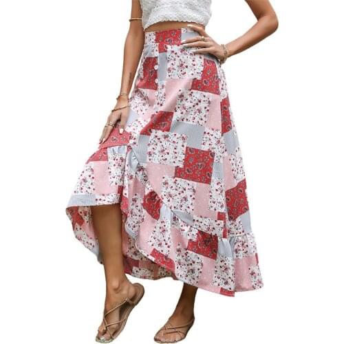 YYCZF Summer New Long Skirt Women Button Geometric Print Ruffled Asymmetric Midi Skirts Vintage Fashion Ladies Streetwear Skirt