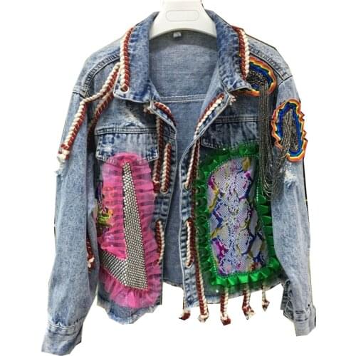 2021 Autumn New Hole Beaded Denim Jacket Women Fashion Patch 3D Decoration Tassel Contrast Color Jean Coat Female Streetwear