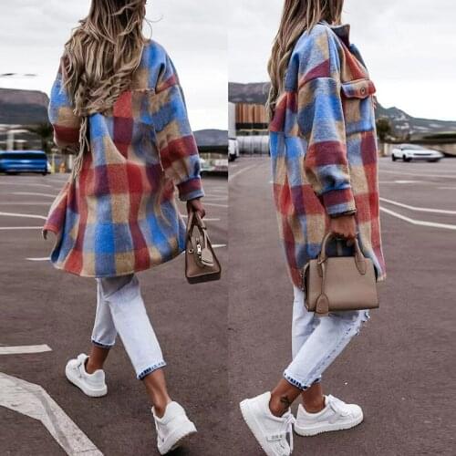 Autumn Winter New Women Outwear Casual Long Sleeve Single Button Pocket Outcoat TopsLong Cardigan Coats Fashion Plaid Printed