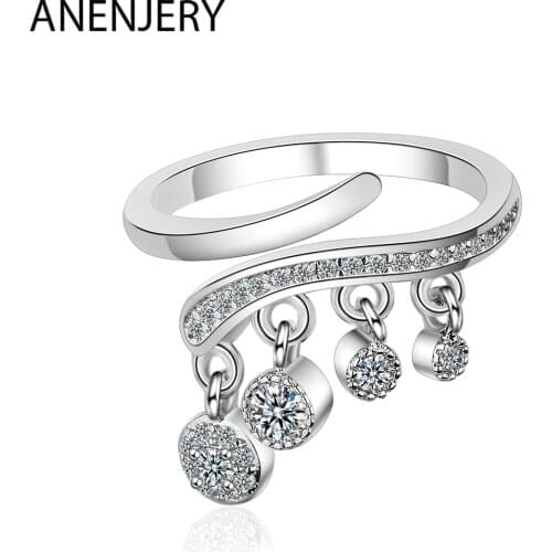 ANENJERY 925 Sterling Silver Korean Fashion Hanging Zircon Tassel Rings For Women Adjustable Finger Jewelry S-R461