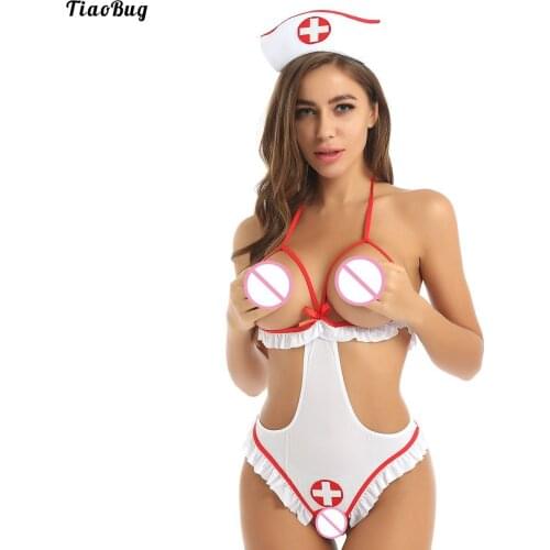 TiaoBug Women Fantasy Nurse Cosplay Roleplay Lingerie Set Halter Neck Open Cups Crotchless Tie-On Leotard Bodysuit With Headband