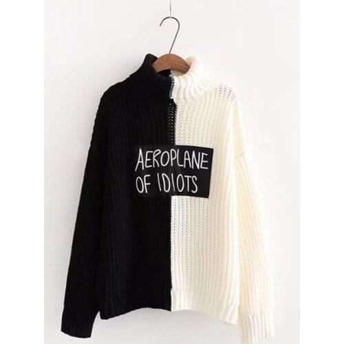 2021 Autumn Winter Turtleneck Thick Sweater Women Vintage Color Block Patchwork Letter Patch Pull Femme Jumper Pullover Sweaters