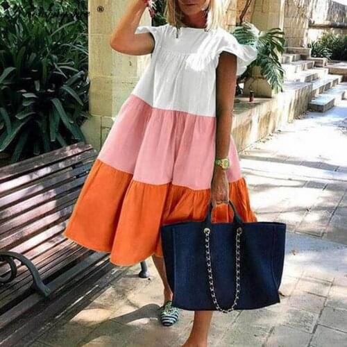 Women Patchwork Loose beach dress Girls kawaii Ruffle sleeve O neck flowers dot printed dress Female holiday ball Gown dress 3XL