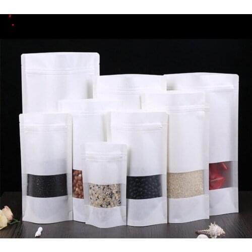 100pcs/lot Stand up White Paper Frosted Window Bag Snack Tea Packaging Bag White Heat Sealing Ziplock Storage Bags