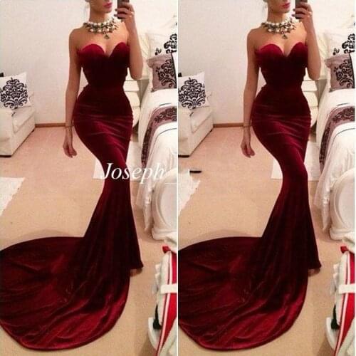 2018 New Sexy Sweetheart Bordeaux Wine Red Velvet Mermaid Women Slim Long Formal prom Gown Free Shipping bridesmaid dresses