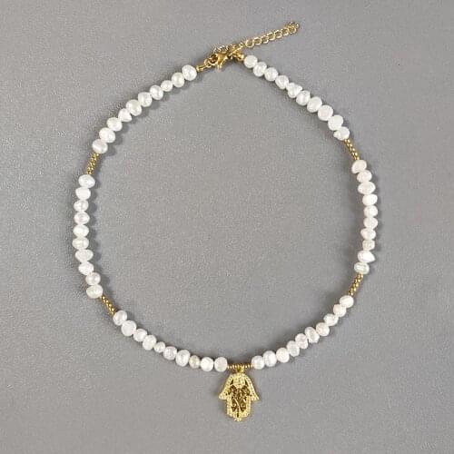 2021 Trendy Natural Freshwater Pearl Necklace Fatima Hand Pendant Choker Turkish Jewelry Gift For Men Women Evil Eye Charms чоке